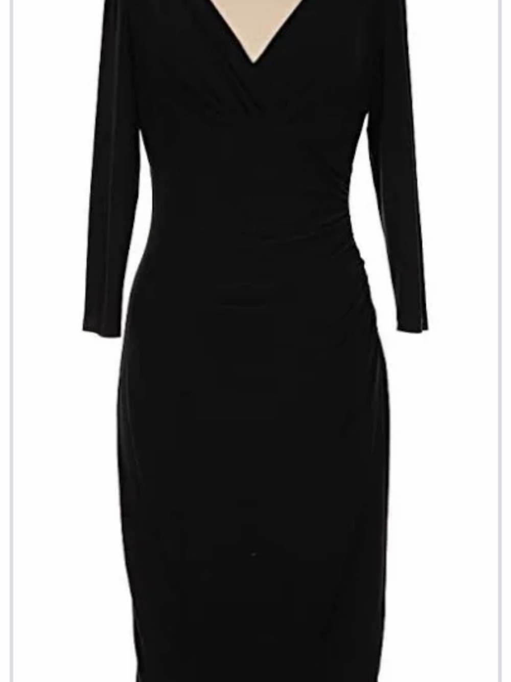 Long-Sleeve Black V-Neck Ruched Sheath Dress
